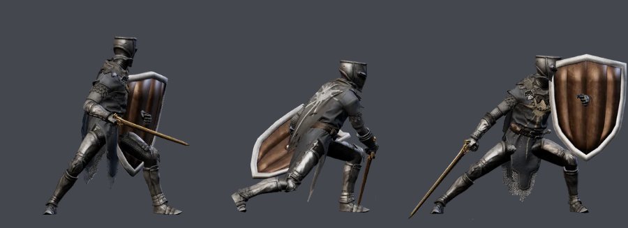 The Lightwarden, a knight in dark plate armor with sword and shield, in three combat poses